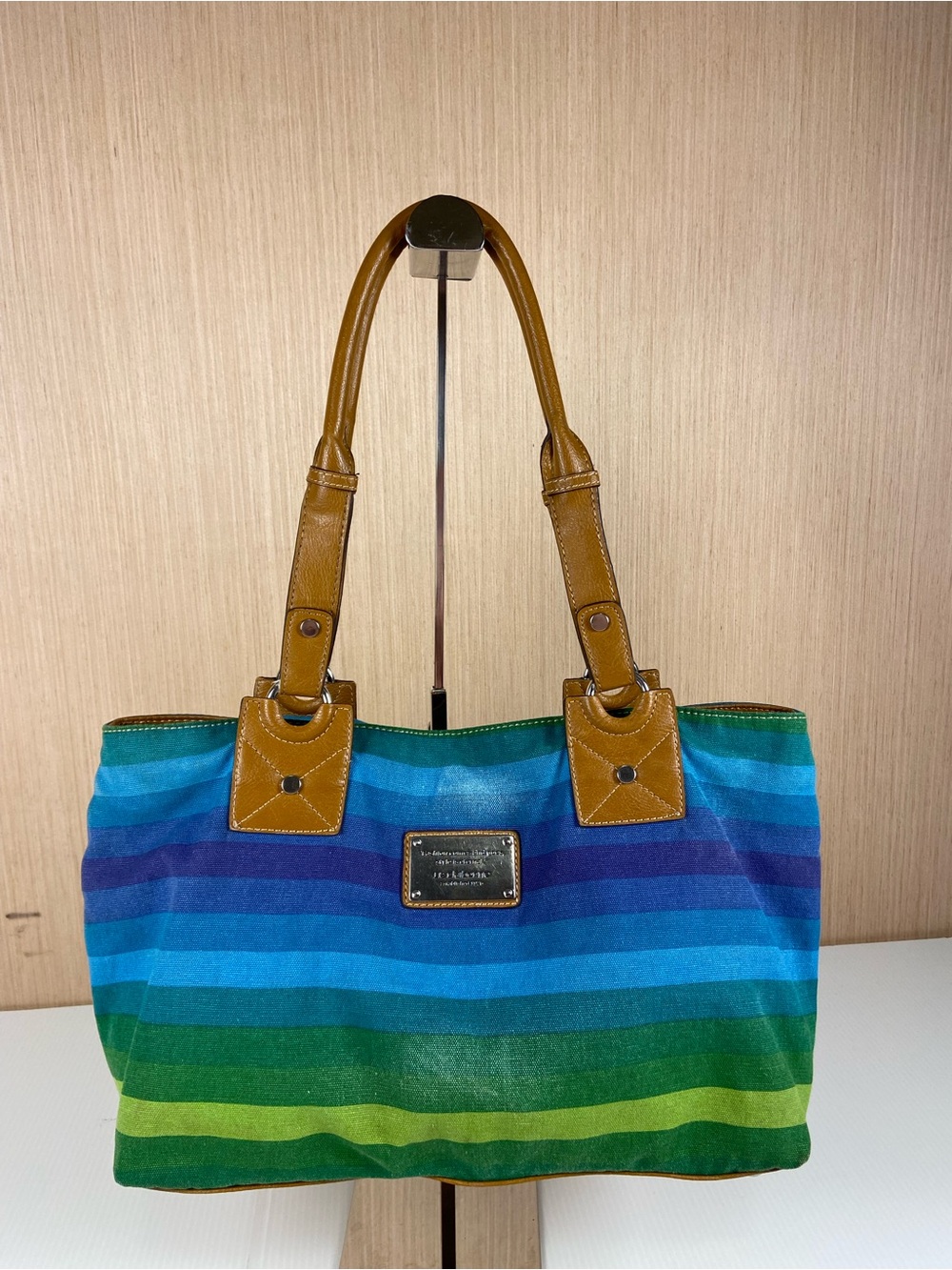 Liz Claiborne Blue Green Striped Canvas Tote Shoulder Bag